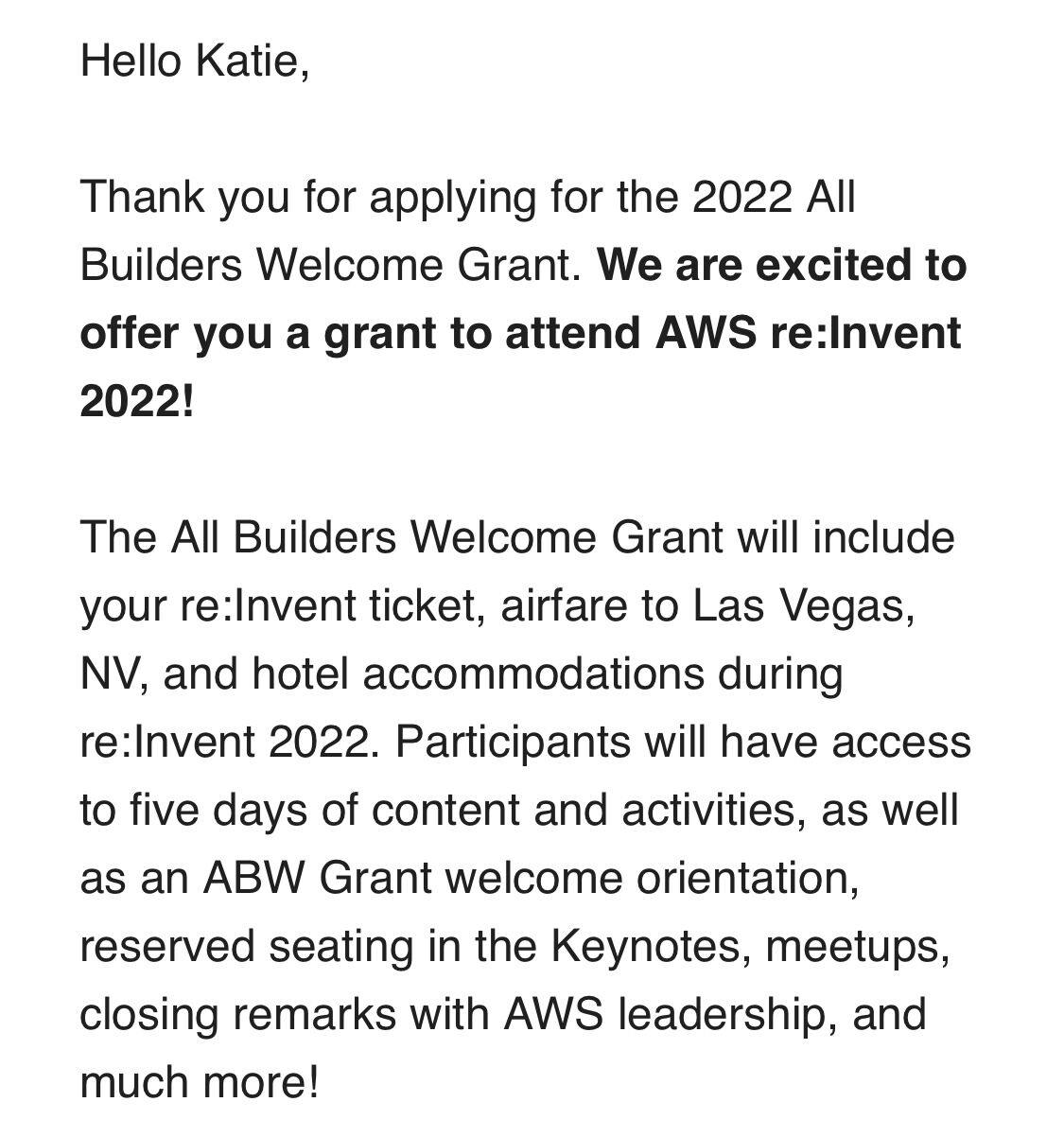 my acceptance email for the All Builders Welcome grant including an overview of the details of what the grant entails