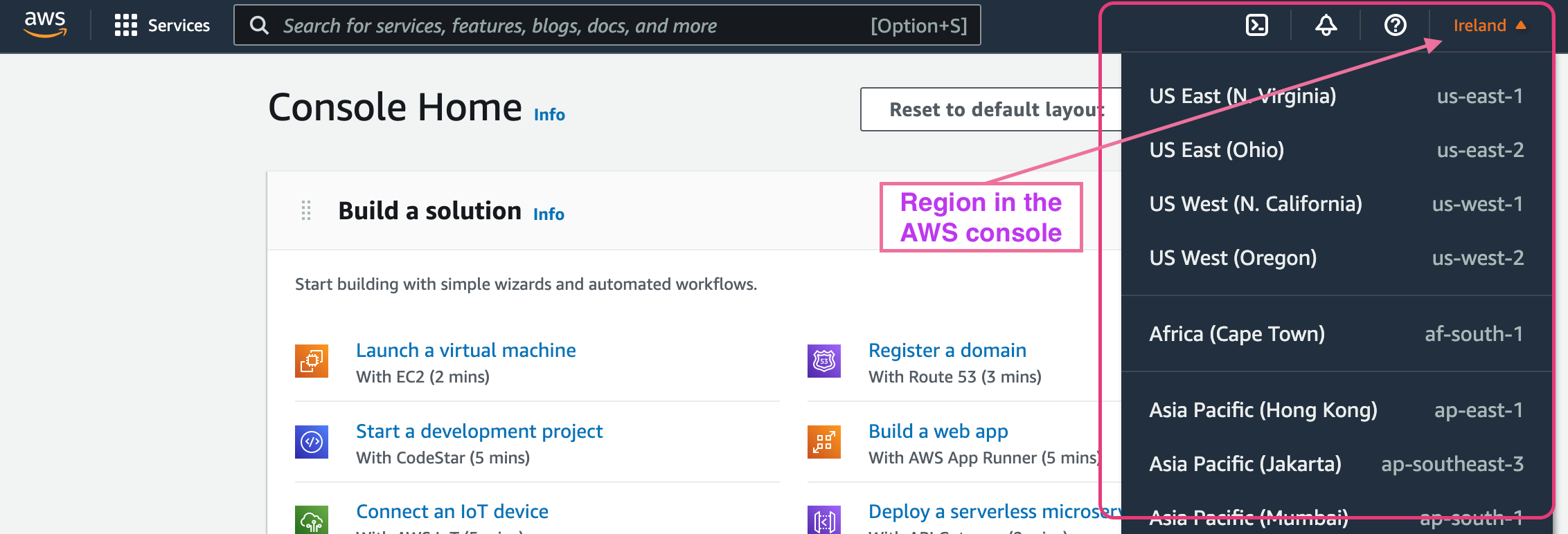 available regions displaying in the AWS console